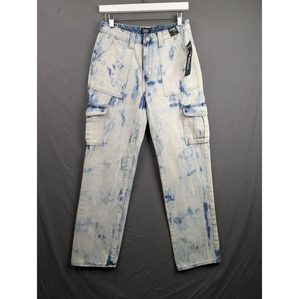 Simple‎ Society Baggy Super High Rise Cargo Jeans Blue Acid Wash 7/28 NEW